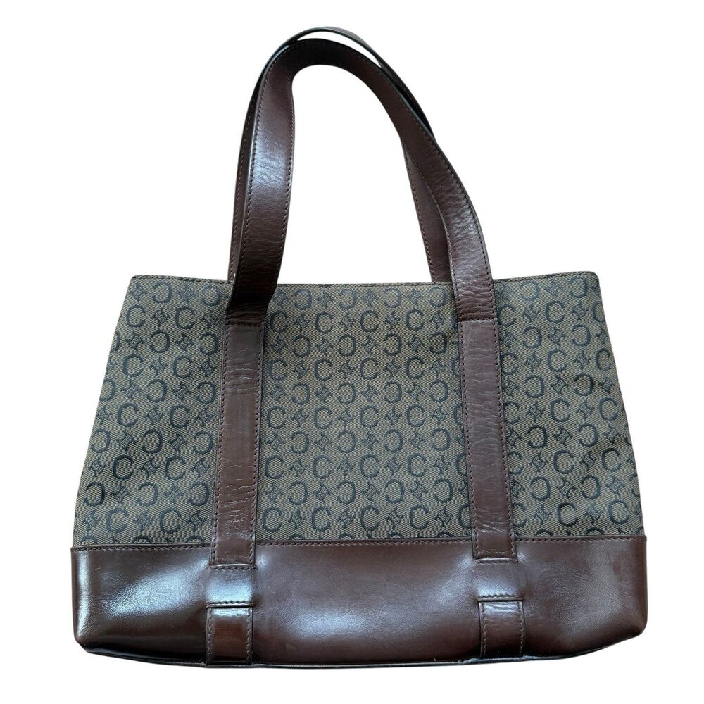 Celine C Macadam Brown Canvas And Leather Tote Bag Vintage Handbag Logo